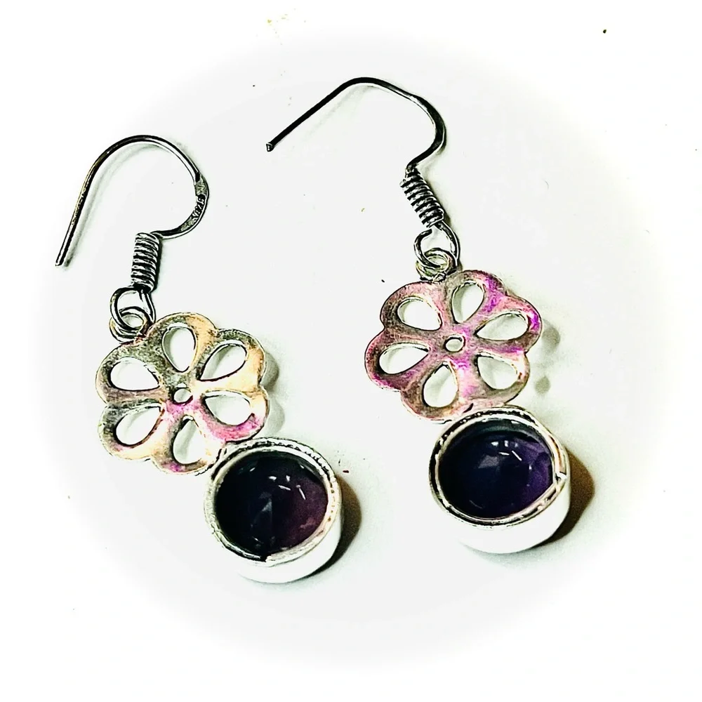 New Artisan 925 Sterling Silver Natural Amethyst Gem Daisy Handmade Earrings